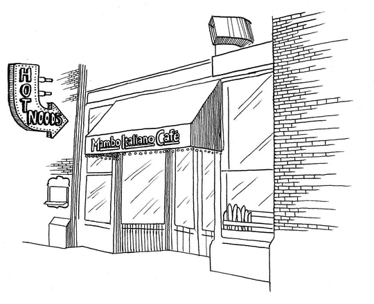 Black and white drawing of the Mambo storefront showcasing the logo on the awning as well as baguettes in the window