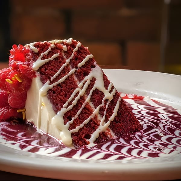 A slice of red velvet cake with cream cheese frosting, raspberries, and berry sauce.