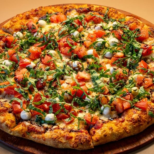 A whole pizza with diced tomatoes, mozzarella balls, and fresh basil on a wooden board.