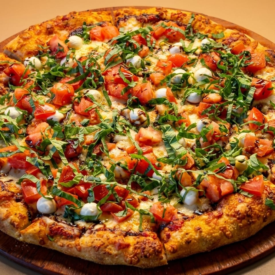 A whole pizza with diced tomatoes, mozzarella balls, and fresh basil on a wooden board.