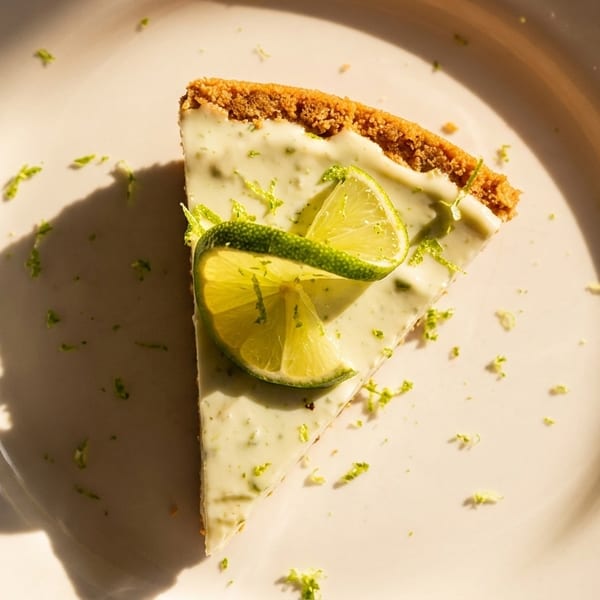 A slice of key lime pie with two lime wedges and zest on a white plate.
