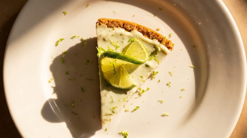 A slice of key lime pie with two lime wedges and zest on a white plate.