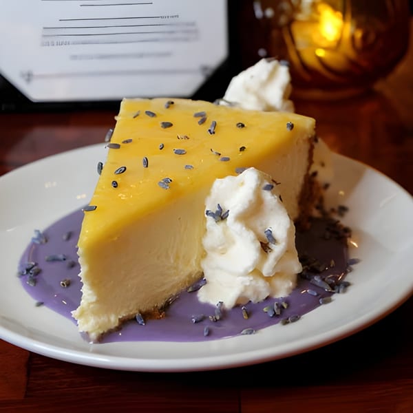 Slice of cheesecake with yellow topping, whipped cream, purple sauce, and lavender buds on a white plate.