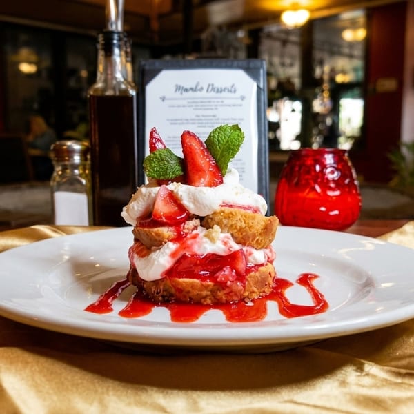 Strawberry shortcake dessert with whipped cream and mint on a white plate with a gold tablecloth.