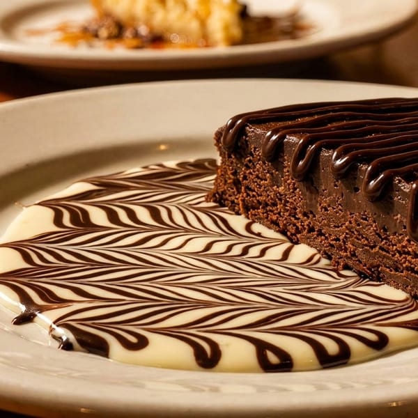 A slice of chocolate cake with chocolate drizzle and a white and dark chocolate swirl sauce.